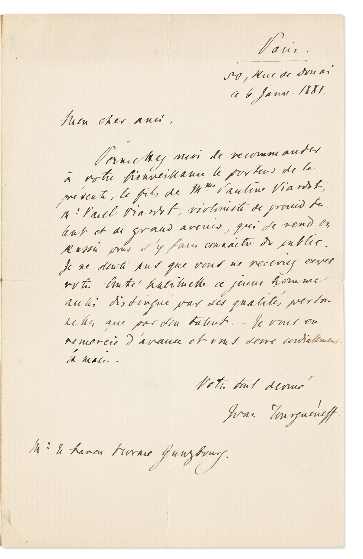 TURGENEV, IVAN. Autograph Letter Signed, Tourguéneff, to Horace Günzburg, in French,